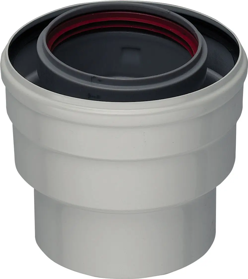 Adapter für Abgaszubehör von Bosch, erkennbar als Verbindung zwischen zwei Rohrdurchmessern. Farblich in Grau und Rot gehalten, mit einem stabilen, runden Design.